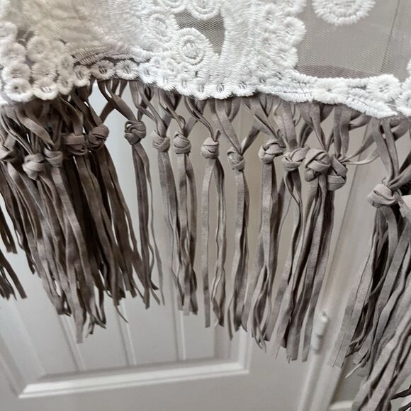 Origami by Vivien Duster Open Cardigan Embroidered Lace Sleeveless Fringe M/L - Picture 7 of 11